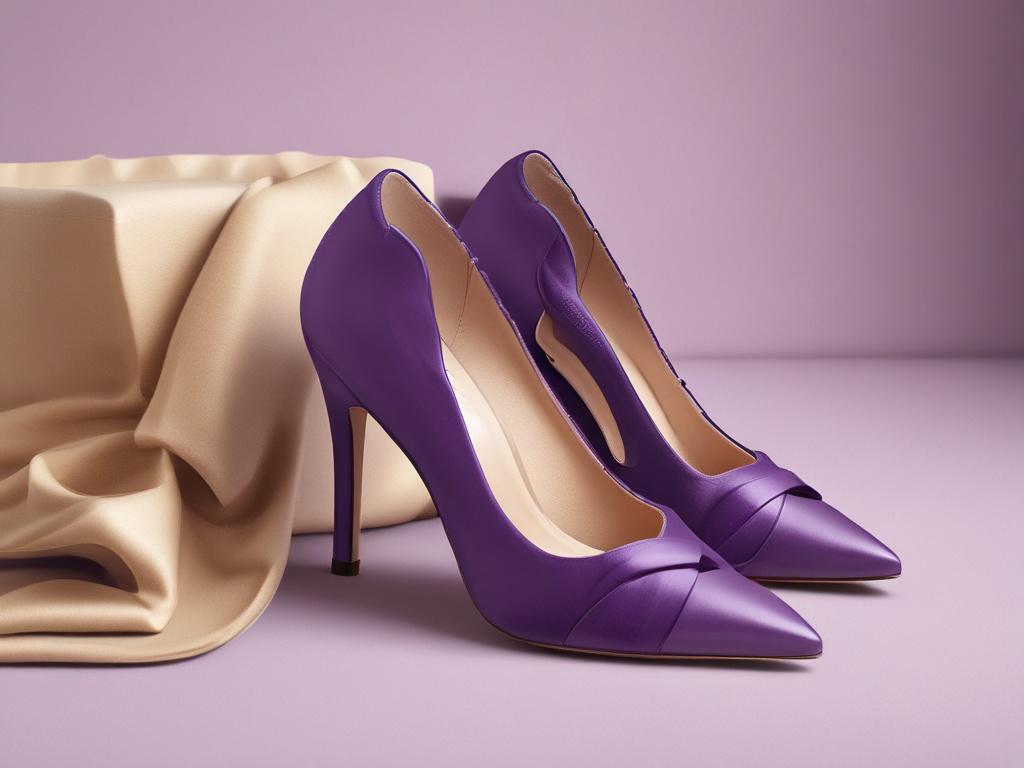 A realistic high-resolution image of a single pair of Talbots Laney Knot Pump Heels in violet leather, elegantly displayed on a soft, serene background. The shoes should be the focal point, showcasing their stylish knot detail and luxurious texture. The lighting should be warm and inviting, casting soft shadows that highlight the curves of the heels. The overall atmosphere should exude sophistication, with cozy golden hues enhancing the visual appeal.