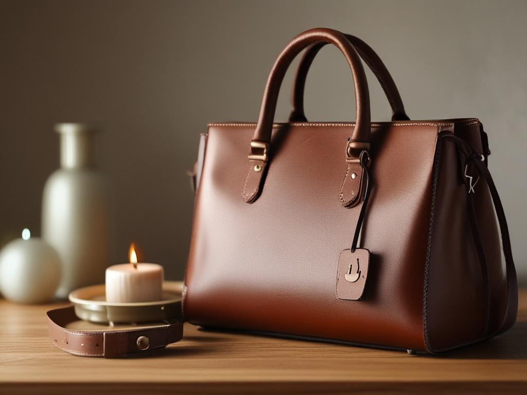 A classic leather handbag elegantly placed on a wooden table,