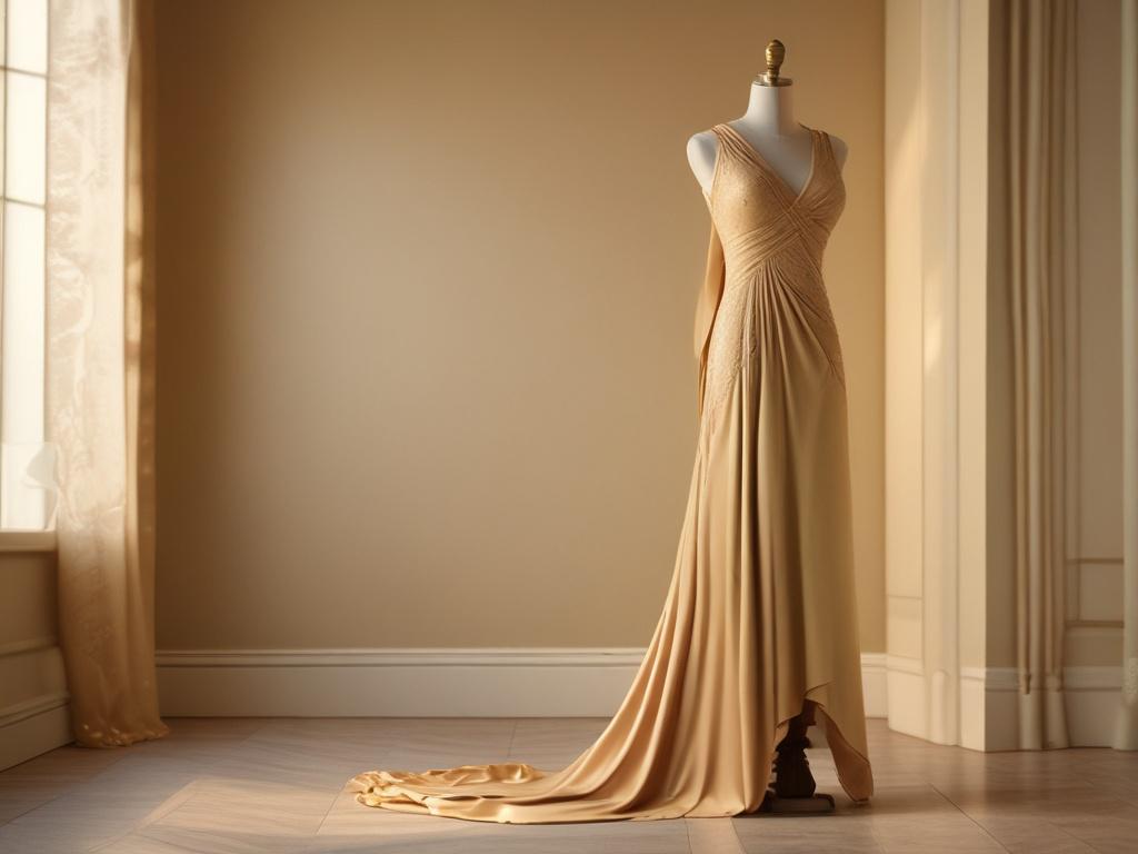 A beautifully draped elegant evening dress displayed on a mannequin,