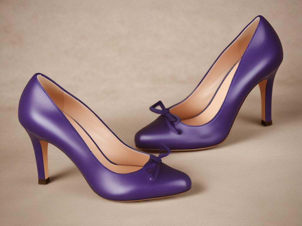 A high-resolution photo of the Talbots Laney Knot Pump Heels in violet leather. The shoe should be positioned at a slight angle to showcase its elegant knot detail at the toe. The background should be softly blurred to maintain focus on the shoe, with cozy golden hues and soft lighting to create a serene atmosphere. The composition should be simple, highlighting the craftsmanship and style of the heels.