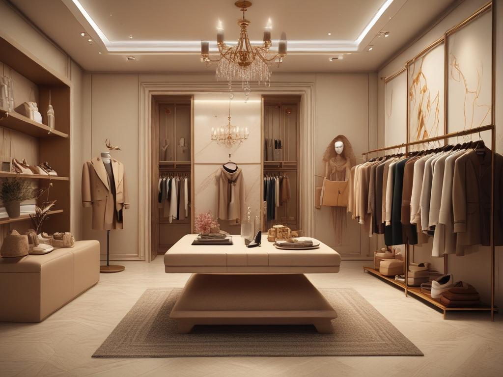 A cozy boutique interior showcasing a range of high-quality clothing, shoes, and bags. The lighting is soft and warm, creating a serene atmosphere. The focus is on a beautifully arranged display of women’s, men’s, and children's fashion items. The image should evoke a sense of comfort and style, with rich golden hues in the background, emphasizing the inviting nature of the boutique.