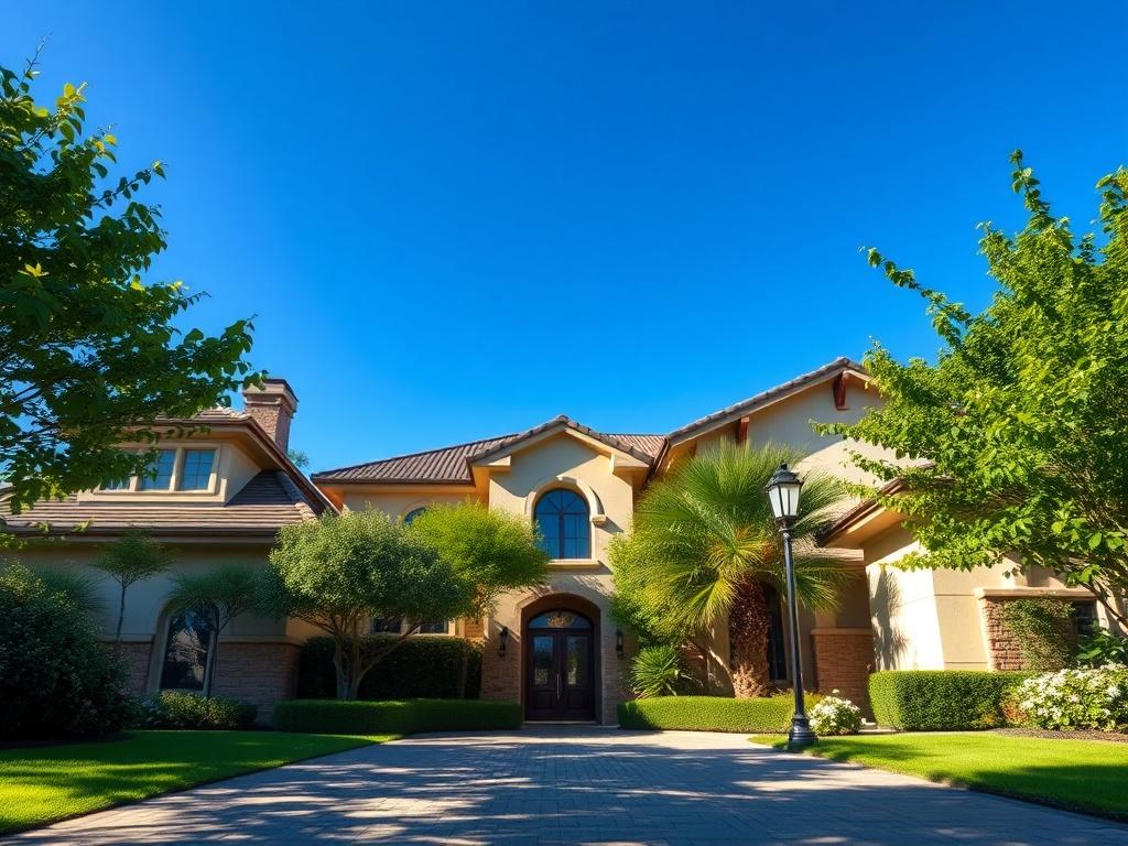A stunning real estate photograph showcasing a beautiful property from the ground perspective, with lush greenery in the background and a clear blue sky. The composition should focus on the property's entrance, capturing the details of its architecture and landscaping. Shot with a 45mm f/1.2 lens for a hyper-realistic effect, ensuring vibrant colors and sharp details. The image should reflect professionalism and elegance, compatible with the #C31755 primary color.