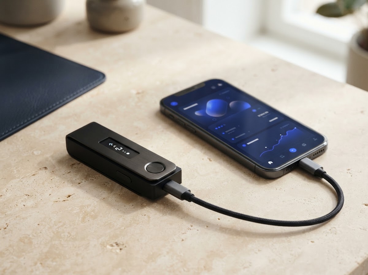 Hardware wallet and smartphone arranged on a bright desk