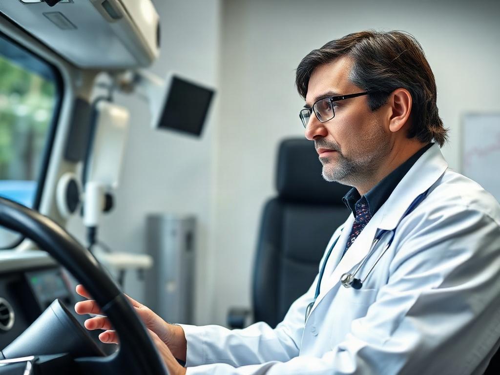 A realistic high-resolution photo of a medical professional in a white coat, examining a commercial driver's health during a DOT physical exam. The background should be a clean and modern medical office, with medical equipment visible. The focus should be on the professional's attentive expression and the driver's relaxed demeanor, conveying a sense of trust and care.