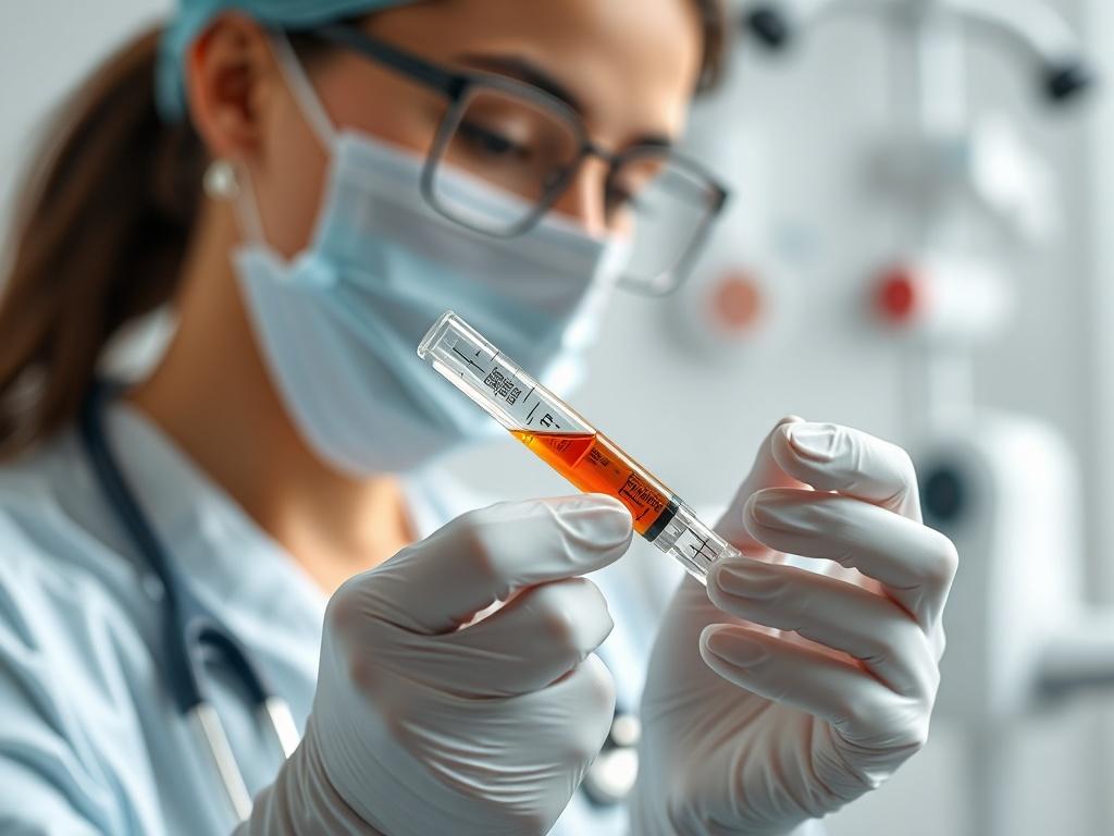 A close-up shot of a healthcare professional preparing a vitamin shot in a clinical setting. The background is bright and clean, with medical equipment subtly placed. The focus is on the professional's hands and the vitamin shot, showcasing the vibrant color of the liquid. Soft lighting emphasizes the professionalism and warmth of the environment.
