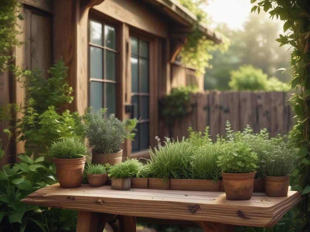A serene outdoor scene featuring a rustic wooden table adorned