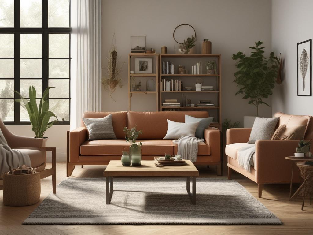 A cozy living room featuring eco friendly decor, with natural