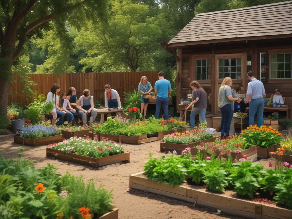 A vibrant community garden scene during a workshop, featuring diverse