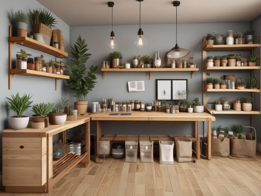 A serene workspace showcasing a zero waste lifestyle, featuring glass