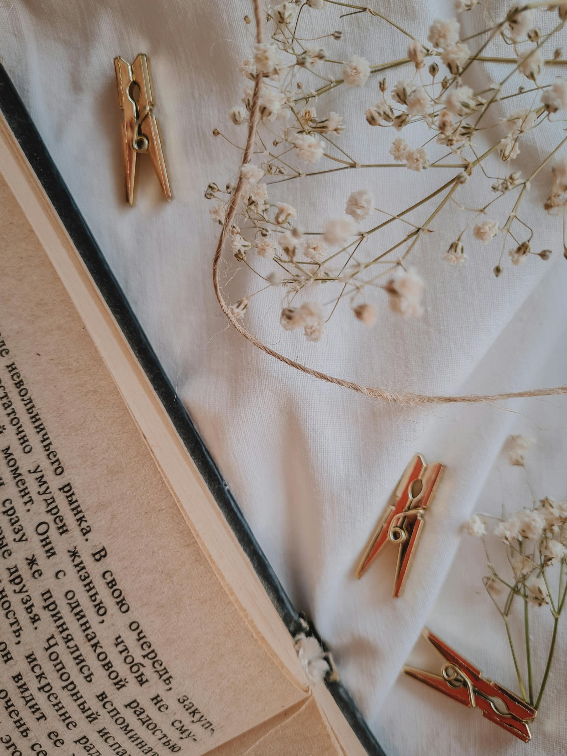 Flat lay of an open book with gypsophila flowers and clothespins, creating a vintage aesthetic.