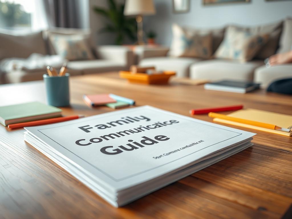 A realistic close-up shot of a family communication guide lying on a wooden table, surrounded by colorful stationery and a cozy family setting. The image captures the essence of open communication with a soft-focus background of a living room.