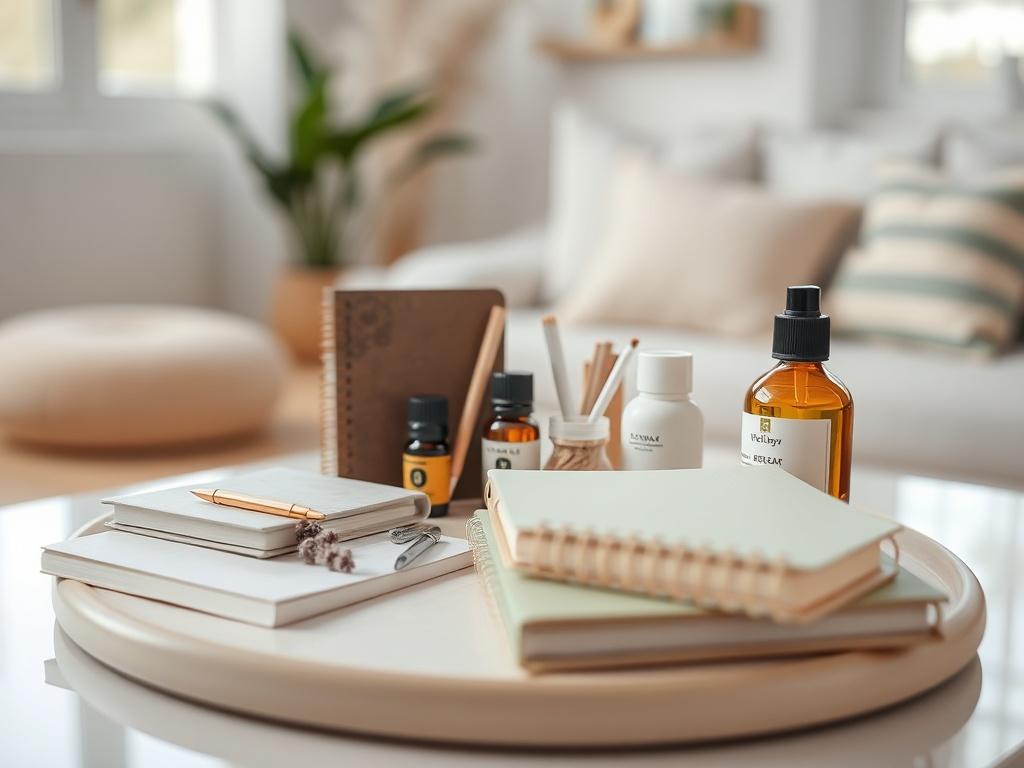 A close-up shot of a stylish self-care toolkit displayed on a bright surface, featuring journals, essential oils, and wellness items. The background shows a peaceful, inviting space that promotes relaxation and self-care.