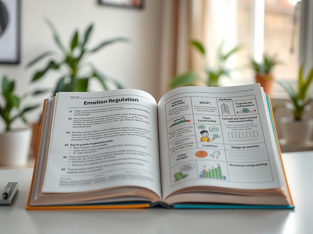 A close-up shot of an open workbook with colorful pages filled with engaging exercises and illustrations related to emotion regulation. The background features a calming, soft-focus office space with plants and natural light, emphasizing a serene atmosphere.