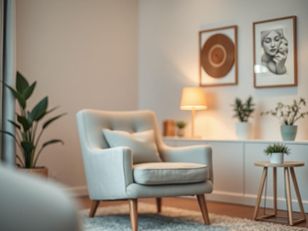 A close-up shot of a serene and inviting therapy room, featuring a comfortable armchair, soft lighting, and calming colors. The room should evoke a sense of safety and warmth, with subtle decorative elements like plants and soothing artwork. The focus should be on the armchair, emphasizing the personal space where healing takes place, shot with a 45mm f/1.2 lens to create a soft background blur.
