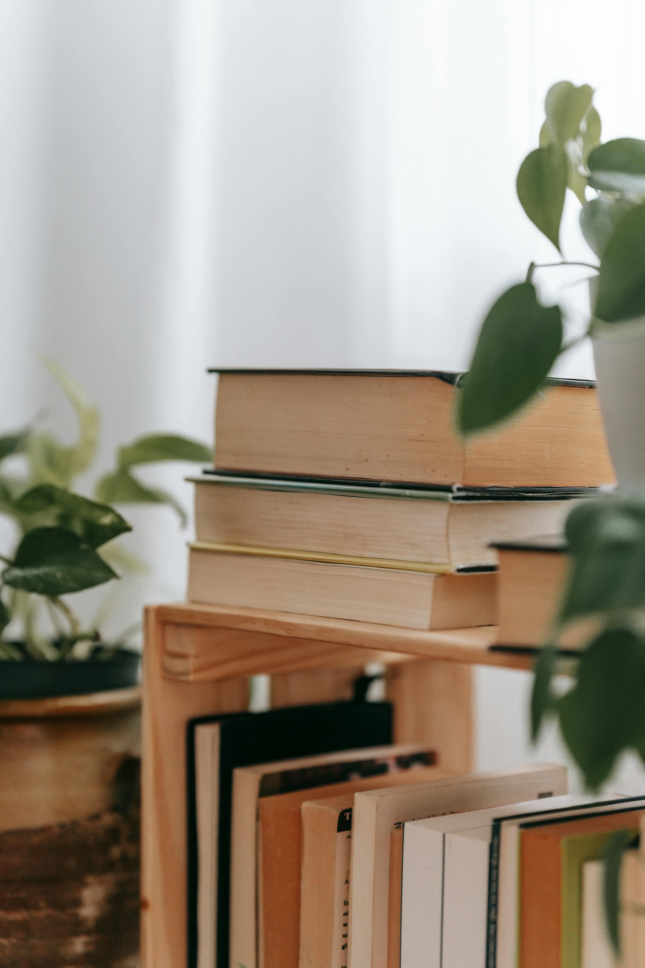 Stack of various books arranged on wooden shelf near green potted plants in light apartment