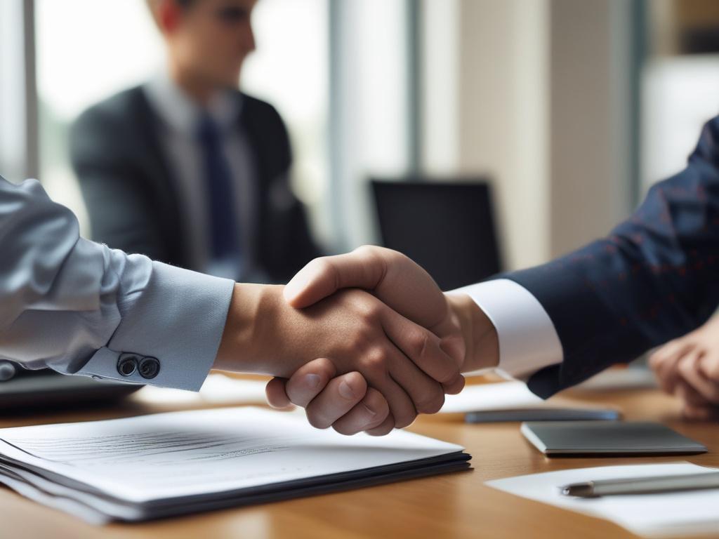 A close-up photo of hands shaking in a business agreement over a table with a laptop and documents in the background, shot with a 45mm f/1.2 lens.
