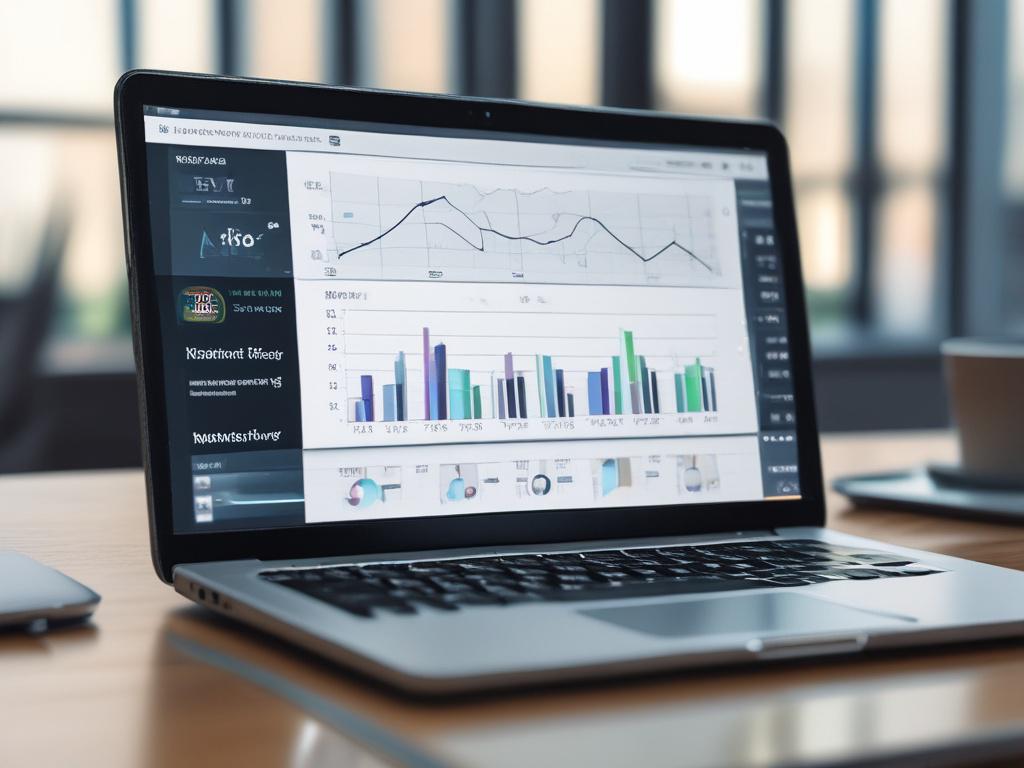 A close-up photo of a laptop displaying analytics data and campaign performance metrics on the screen, with a blurred office background, shot with a 45mm f/1.2 lens.
