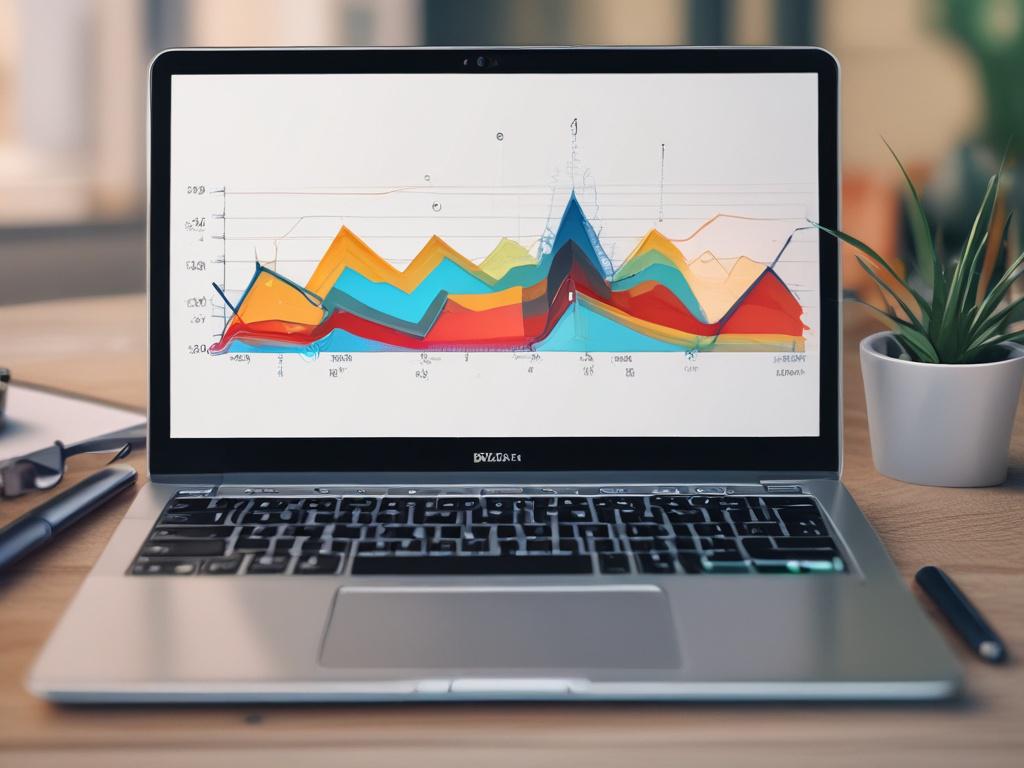 A close-up shot of a sleek laptop displaying performance analytics graphs, realistic textures, vivid colors, hyper-realistic details, focused on a single screen.