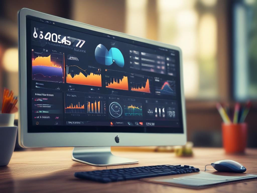 A close-up shot of a modern digital marketing dashboard displaying campaign metrics, vibrant colors, hyper-realistic details, simple composition, focused on a single screen.