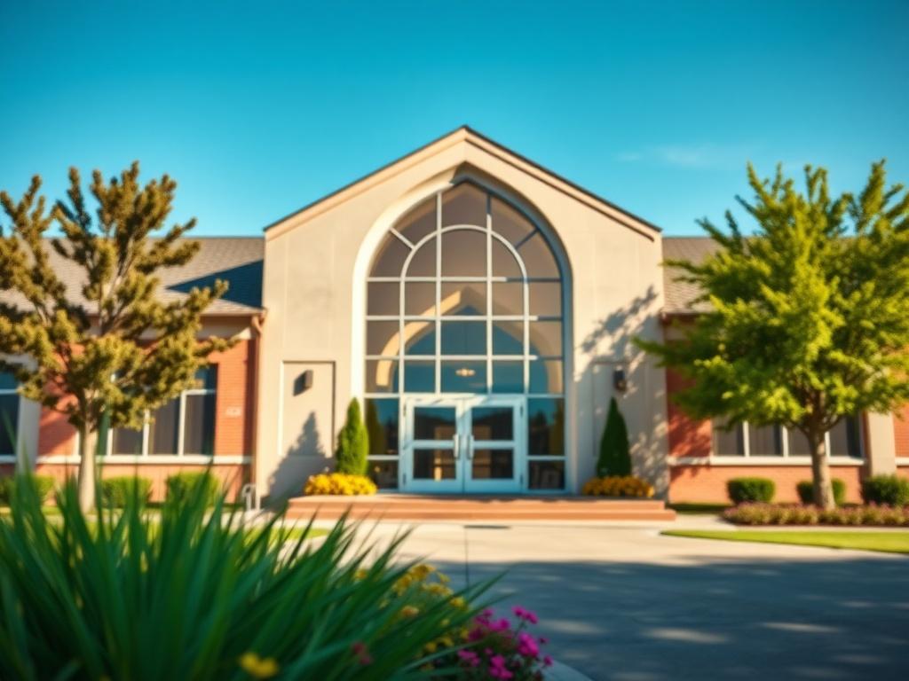 A realistic high-resolution photo focusing on the exterior of Christ Ambassadors School of Ministry's Hamilton campus, showcasing the building's inviting entrance with large windows and a warm, welcoming atmosphere. The foreground should feature a beautifully landscaped area with green plants and flowers, while the background highlights a clear blue sky. The image composition should be simple and clear, with the campus as the main subject, shot in hyper-realistic detail.
