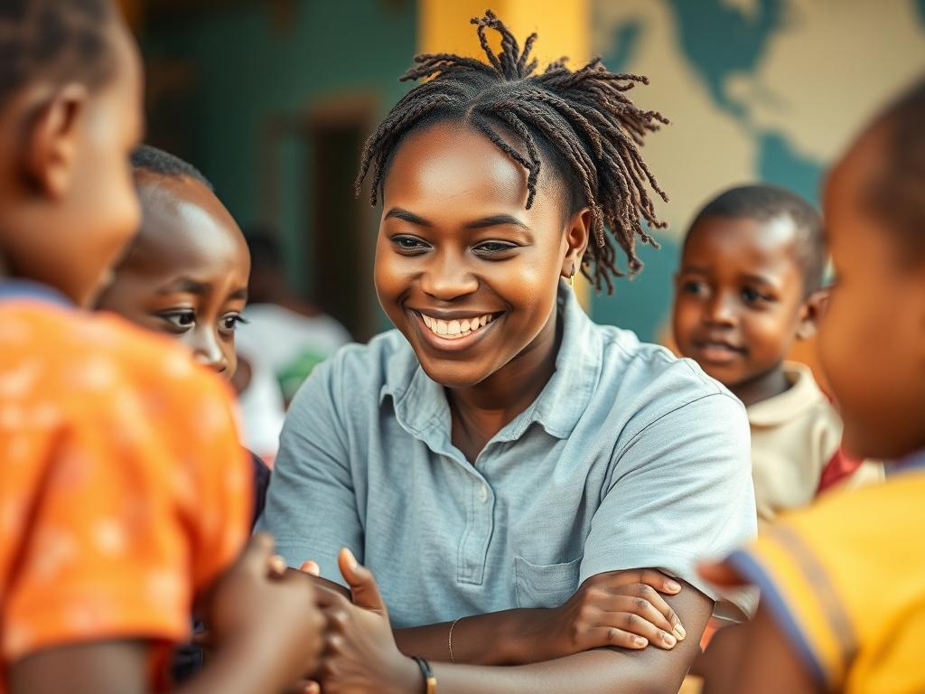 A close-up shot of a dedicated missionary engaging with a group of children in a vibrant community setting. The background should showcase an inviting and warm environment, portraying a sense of connection and compassion. The missionary, a young adult of African descent, is smiling and interacting with the children, who are attentively listening. The image should be shot with a 45mm f/1.2 lens to highlight the emotion and energy of the moment, with an emphasis on realism and high resolution.