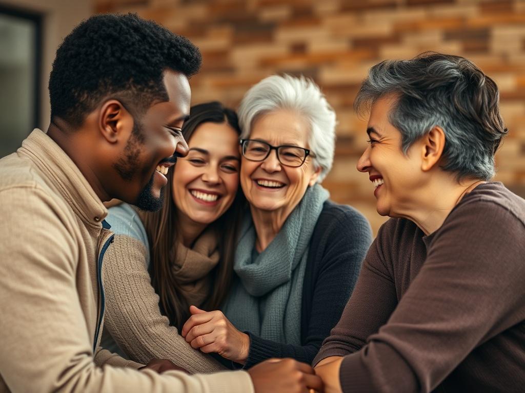 A high-resolution close-up shot of a diverse group of people engaging in a meaningful conversation, showcasing warmth and connection. The background is softly blurred to emphasize the subjects. The image captures a moment of laughter and collaboration, with individuals of different ages and ethnicities, reflecting unity and fellowship. The lighting is warm and inviting, creating an atmosphere of openness and trust.