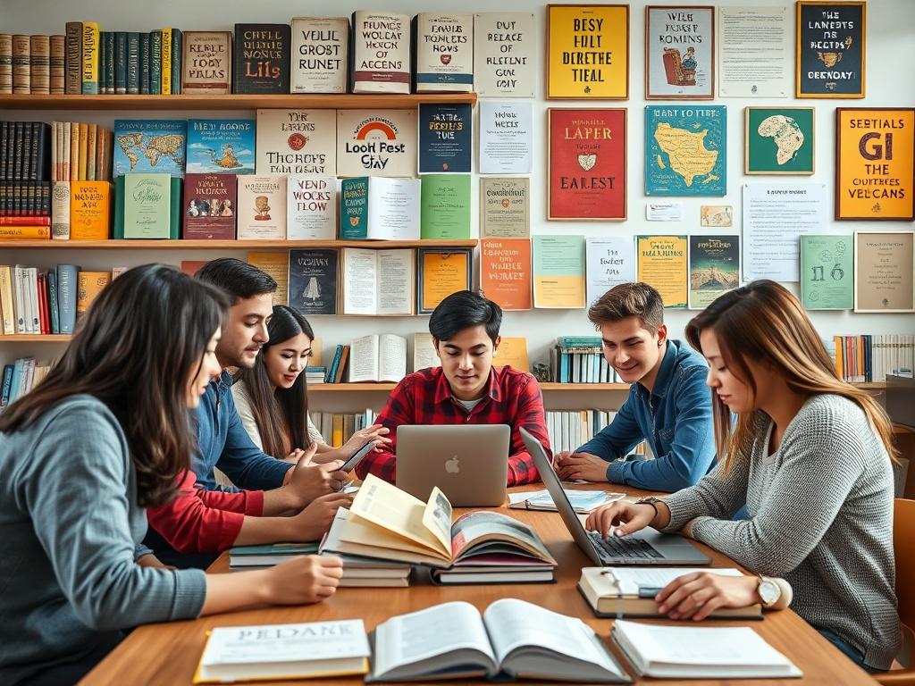 A close-up shot of a diverse group of students engaged in a collaborative study session at a modern educational facility. The students are seated around a large table covered with books and laptops, visibly discussing and sharing ideas. The background features shelves filled with religious texts and inspirational posters, creating a vibrant and inviting learning environment. The image should be rendered in hyper-realistic style, shot with a 45mm f/1.2 lens, highlighting the enthusiasm and dedication of the 