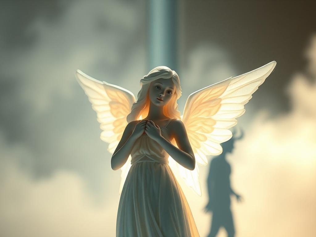 A close-up shot of a beautifully illuminated angel standing gracefully against a soft, ethereal background. The angel features delicate wings and a serene expression, embodying wisdom and purity. Light streams from above, highlighting the angel's intricate details, while a faint silhouette of a shadowy figure representing a demon is subtly visible in the background, creating a contrast that evokes curiosity and introspection. The composition is simple, focusing solely on the angel, with a harmonious blend o