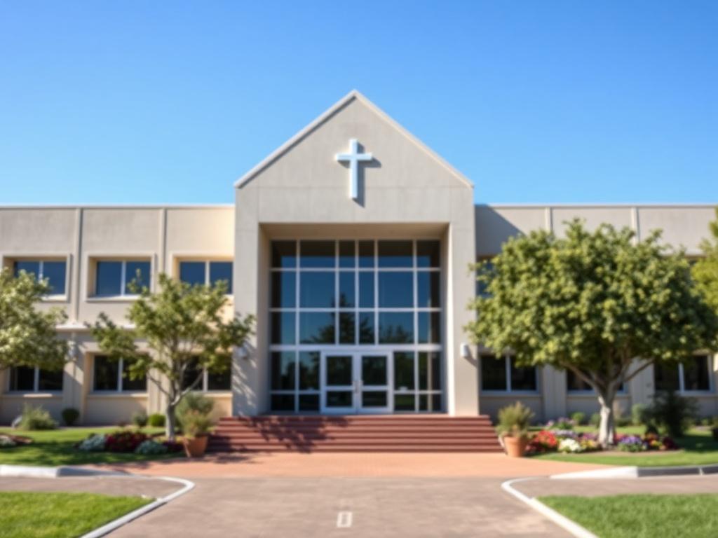 A realistic high-resolution image of the Christ Ambassadors School of Ministries campus located at 16 Car Micheal Street, Ventersdorp. The image should focus on the main entrance of the building, showcasing its modern architecture and inviting atmosphere. Ensure the background includes a clear blue sky and well-maintained landscaping with trees and flowers. The composition should be simple and clear, highlighting the campus as a welcoming place for students.