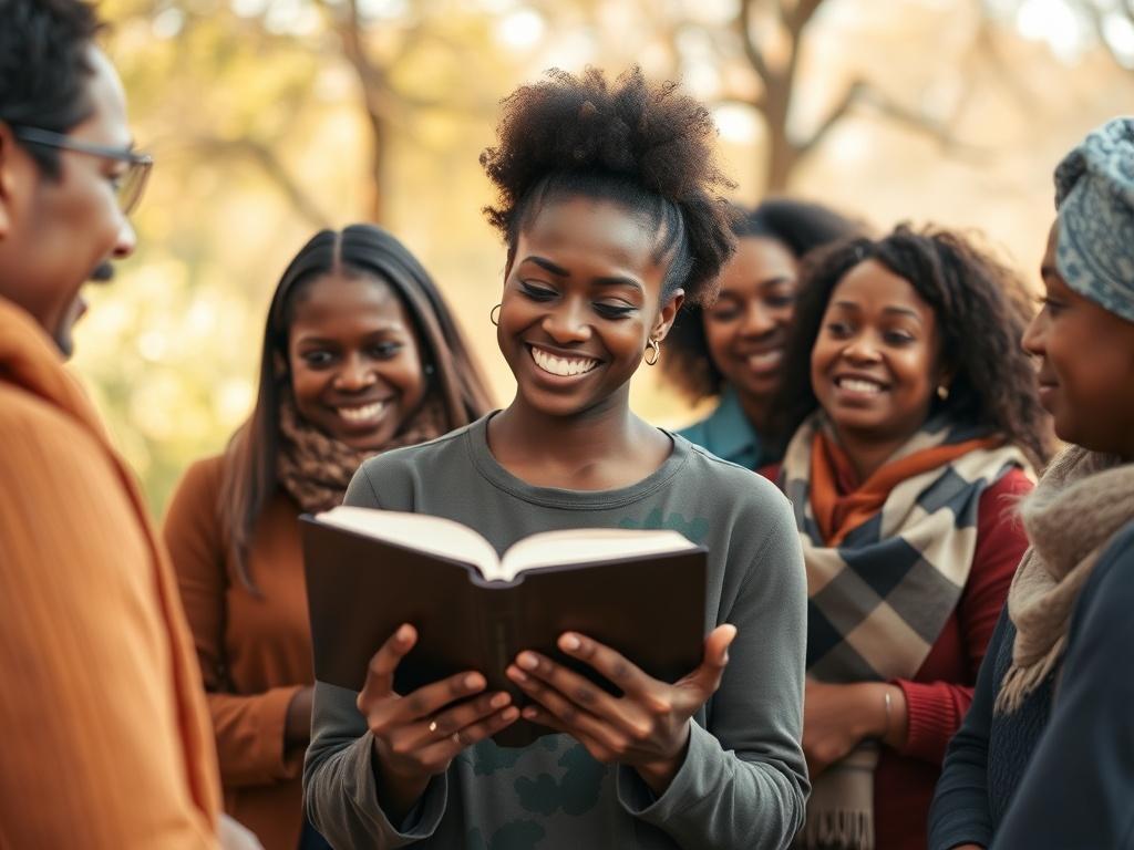 A close-up shot of a diverse group of individuals engaged in a heartfelt discussion in a peaceful outdoor setting, surrounded by nature. The focus is on a smiling person holding a Bible, while others listen attentively. The background is softly blurred to highlight the subjects, and the warm, inviting colors exude a sense of community and spiritual connection. Shot with a 45mm f/1.2 lens.