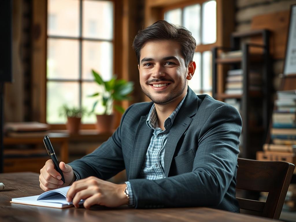 Create a hyper-realistic close-up shot of a confident young Christian entrepreneur holding a notebook and pen, sitting at a rustic wooden desk in a cozy workspace. The background should feature soft, natural light filtering through a window, with a small plant and a stack of business books visible. The subject should be smiling, dressed in smart casual attire, exuding a sense of purpose and determination. The image should be rendered in a style compatible with the rgb(85, 141, 151) primary color.