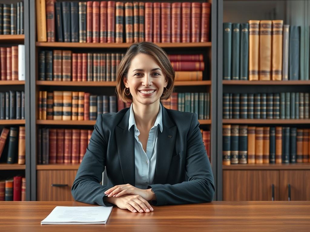 **AI Image Generation Prompt:**

Create a realistic high-resolution image that represents a vibrant academic setting, emphasizing the theme of leadership in Christian ministry and education. 

**Subject Matter:**
Place a confident, inspirational figure—a woman in her 30s with a warm smile—sitting at a modern wooden desk. She is dressed in professional yet approachable attire, conveying an atmosphere of leadership and encouragement. Her body language should exude confidence and openness as she engages with t