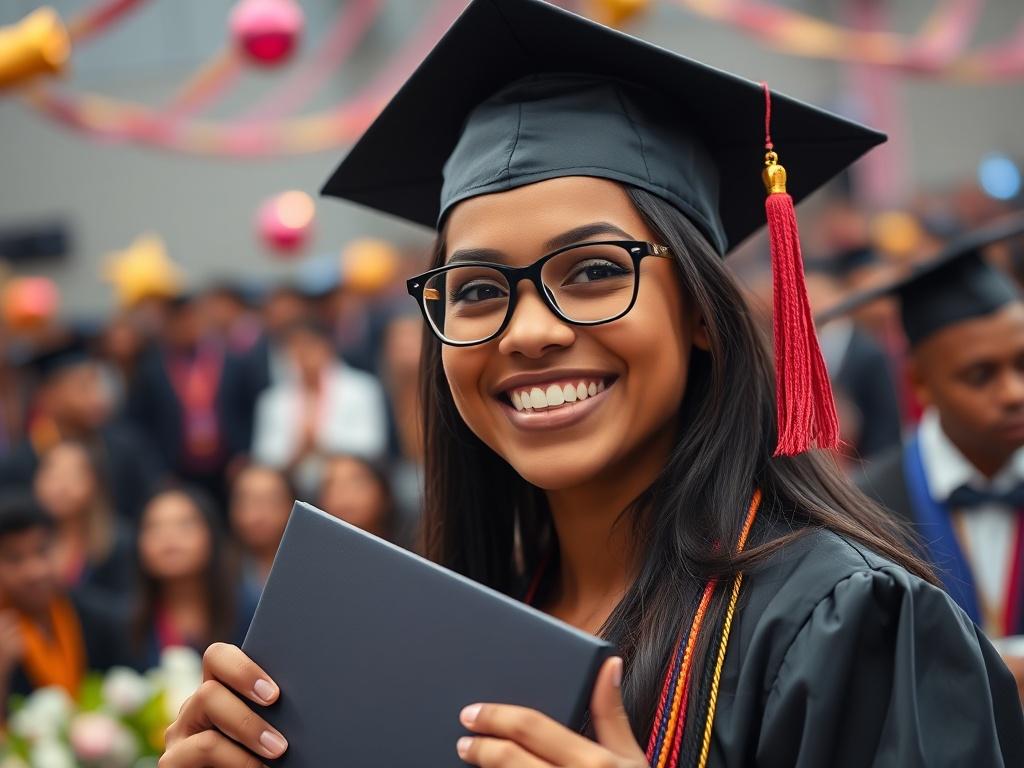 A close-up shot of a proud graduate in a cap and gown holding their diploma, with a joyful expression on their face. The background features a soft-focus of a graduation ceremony with blurred decorations and attendees celebrating. The image should be captured with a 45mm f/1.2 lens style, emphasizing the graduate in vibrant colors, reflecting the rgb(122, 86, 4) primary color in the scene.