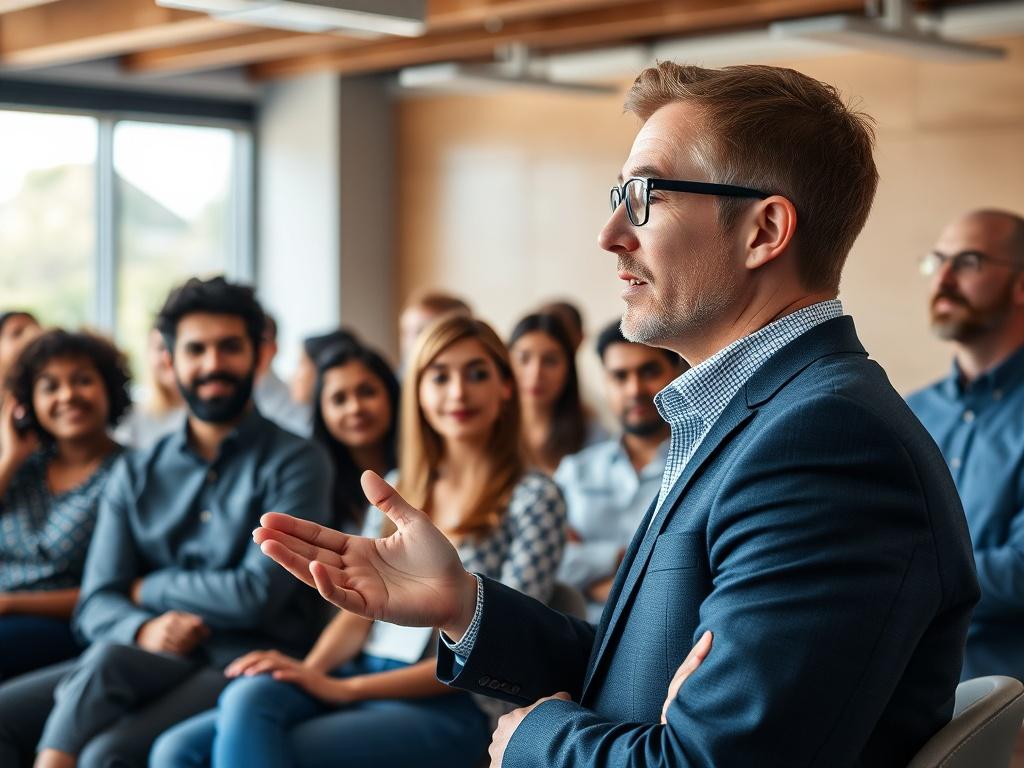 A dynamic close up of a leader facilitating a workshop,