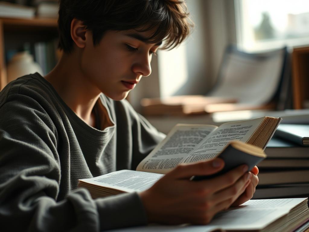 A serene close up shot of a student reading a