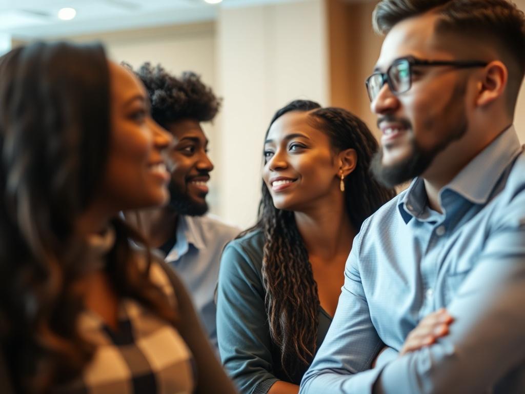 A focused close-up of a diverse group of individuals engaged in a leadership summit discussion, capturing expressions of inspiration and collaboration. The background features soft, blurred elements of a conference room with warm lighting, emphasizing the dynamic atmosphere of learning and interaction.