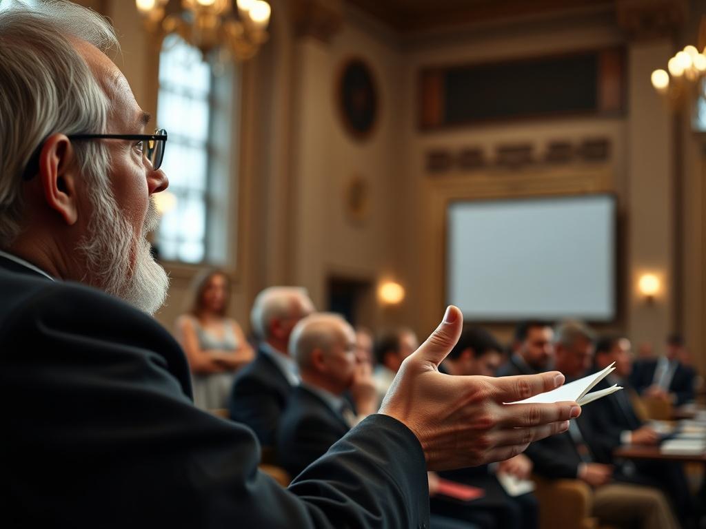 A close-up shot of a scholar passionately delivering a lecture at a theological conference, with an audience engaged in thought. The background is softly focused, showcasing the ambiance of an academic setting, highlighting a sense of reverence and inquiry.