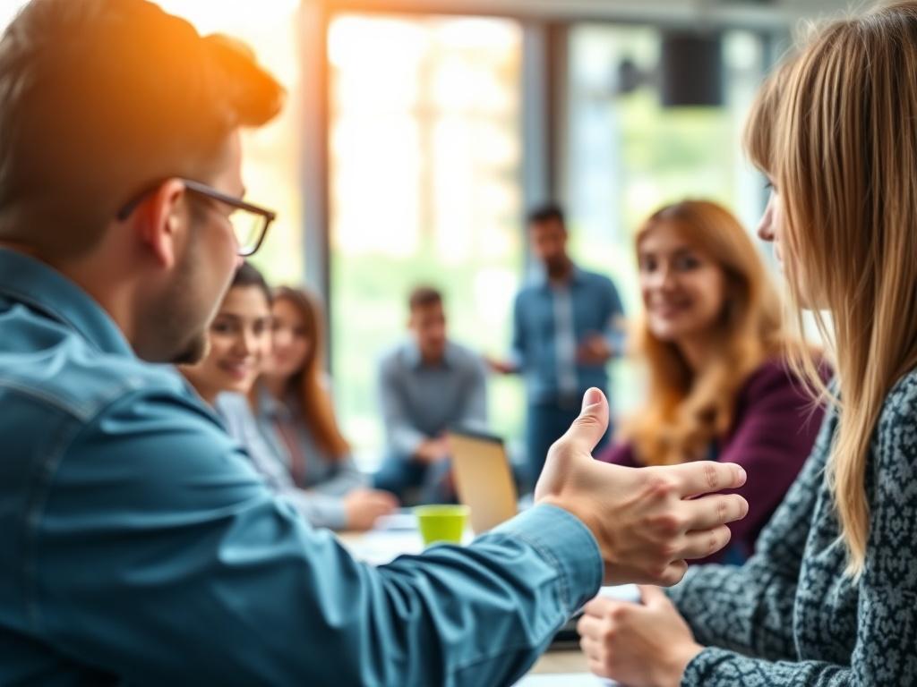 A dynamic close-up of a facilitator guiding a hands-on leadership workshop, with participants actively engaged. The background captures a vibrant learning environment, reflecting enthusiasm and collaboration among attendees.