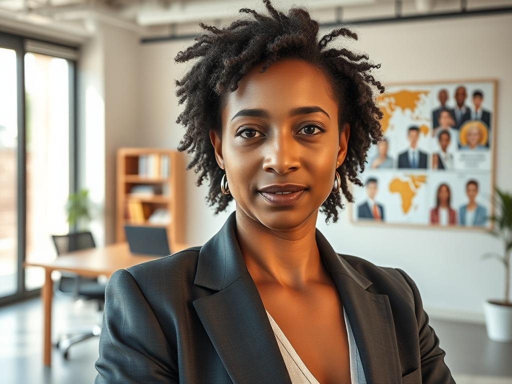 Create a realistic high-resolution photo that embodies the theme of "Unleashing Your Leadership Potential." The composition should be simple and clear, featuring a single subject—a confident, diverse leader in a professional setting. The leader should be facing the camera, embodying a sense of determination and approachability. 

The background should be an open, modern office space with soft, natural lighting that casts gentle shadows, enhancing the subject's features. A sleek wooden desk and an inspiring 