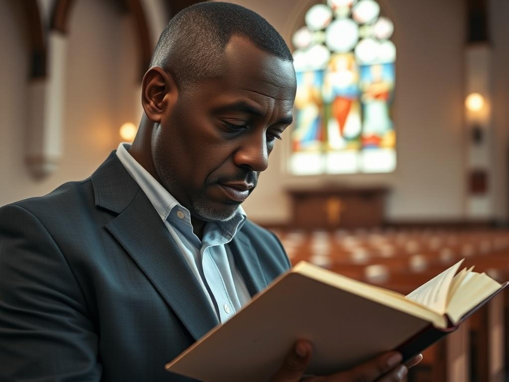 A close-up shot of a thoughtful pastor reading a Bible in a serene church setting. The background features soft, natural lighting illuminating the pages of the Bible, with wooden pews and stained glass windows subtly blurred. The pastor, portrayed as a middle-aged Black male, is dressed in a smart-casual outfit, reflecting contemplation and spiritual focus. The composition emphasizes the pastor's engagement with scripture, capturing the essence of pastoral ethics and leadership.