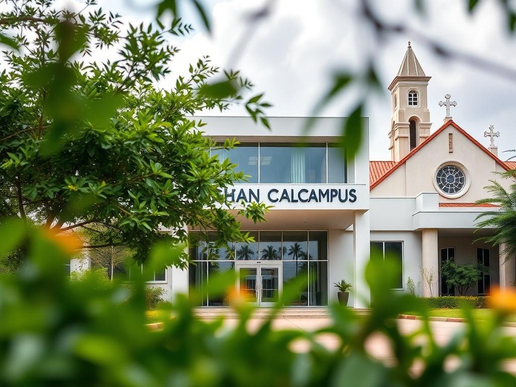 A realistic high-resolution photo capturing the exterior of the Ghana Campus in Kumasi, showcasing its modern architecture. The focus should be on the main entrance, framed by lush greenery and the nearby Roman Catholic Church in the background. The image should be shot with a 45mm f/1.2 lens, emphasizing depth of field to create a soft blur of the surroundings while keeping the campus entrance in sharp focus.