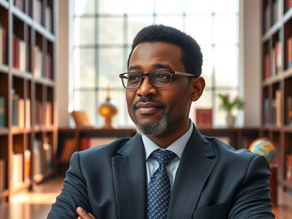 **AI Image Generation Prompt:**

Create a hyper-realistic high-resolution photograph that embodies the theme of leadership and education within a Christian context, reflecting the essence of EXCELLENCE GLOBAL LEADERSHIP UNIVERSITY. The composition should be simple and clear, featuring a single subject in the foreground: Apostle Rexford Charles Amoah, the Chancellor. 

He should be depicted in a thoughtful pose, exuding an aura of wisdom and authority, dressed in formal attire appropriate for an academic lea