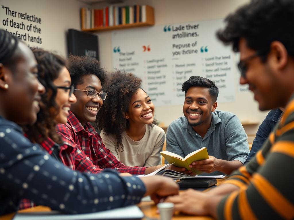 A close up of a diverse group of students engaged