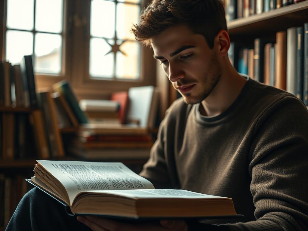 A close up shot of a student reading a theological