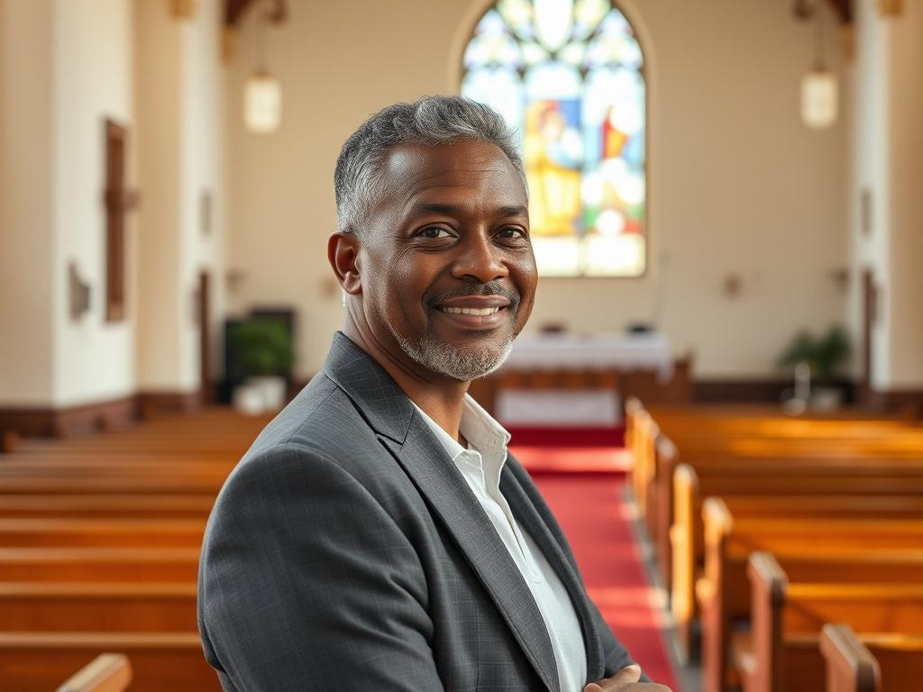 Create a realistic high-resolution photograph depicting a confident, diverse Christian leader standing in a serene, well-lit church environment. The subject should be a middle-aged individual dressed in professional, modest attire, exuding a sense of warmth and approachability. The leader should be positioned slightly off-center, looking thoughtfully toward the camera with a gentle smile, reflecting a deep understanding of the core principles of leadership in Christian ministry.

In the background, showcase