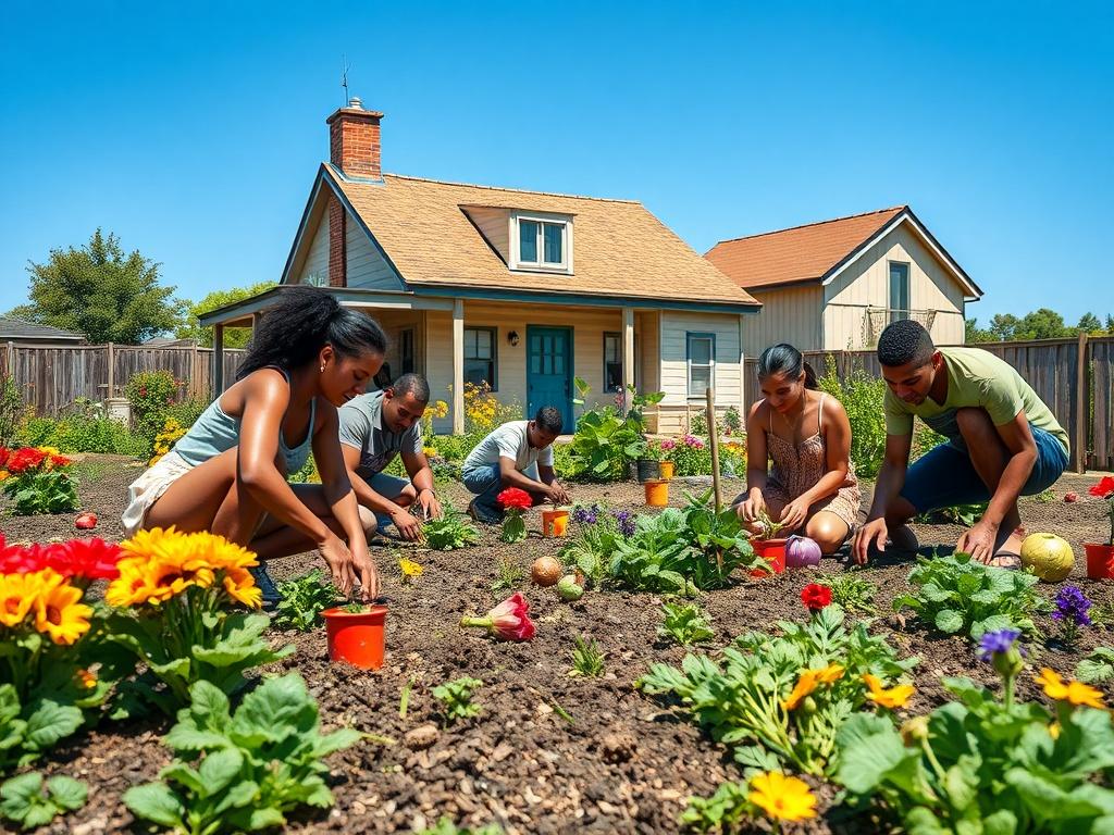 A vibrant community garden with diverse individuals working together, planting seeds and nurturing plants, under a clear blue sky. The scene should include colorful flowers and vegetables, symbolizing growth and hope. The background features a cozy, revitalized property, representing the transformation of distressed areas into thriving agricultural spaces. The overall atmosphere is joyful and collaborative, showcasing the spirit of community and purpose.