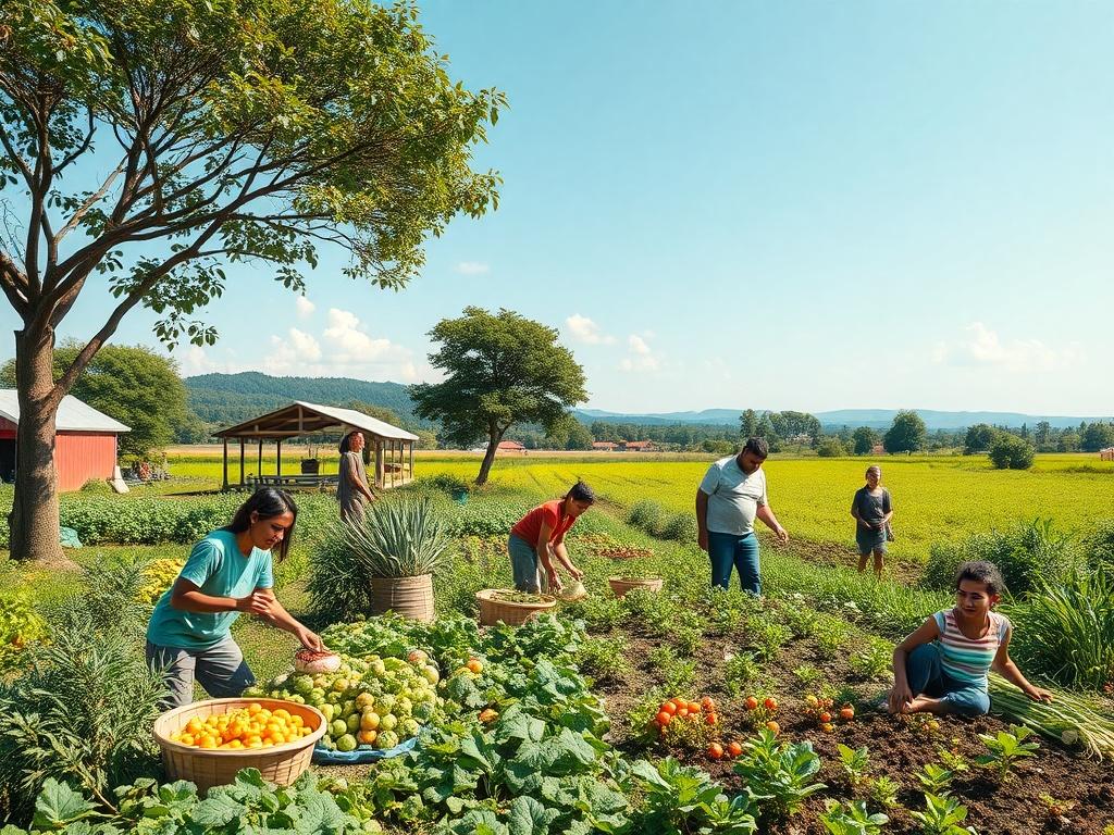 A picturesque landscape of a thriving community farm, with individuals of all ages engaged in various activities like harvesting, planting, and learning. The image should capture the essence of collaboration and joy in a green, sustainable environment. Bright colors and clear skies should evoke feelings of optimism and growth, illustrating the positive outcomes of community support.