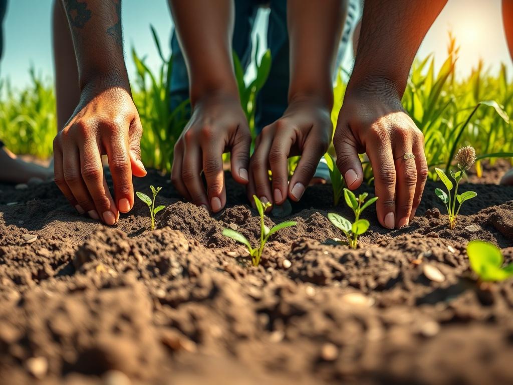 A close-up of hands planting seeds in fertile soil, symbolizing growth and new beginnings. The image should focus on the hands of a diverse group of individuals, representing unity and collaboration. In the background, lush green plants are emerging, and the sun shines brightly, conveying warmth and positivity. The scene reflects the nurturing aspect of the broke BILLIONAIRE$ Social Farming Project's mission.