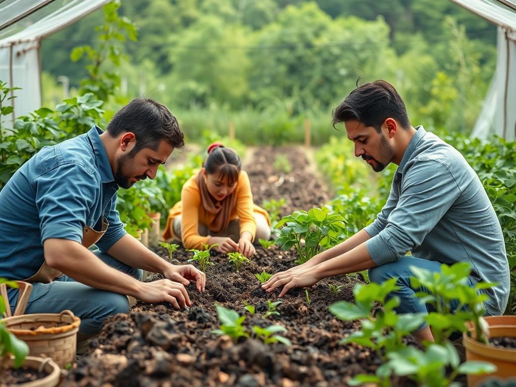 A realistic high-resolution photo of Founders participating in a farming workshop, engaging with soil and plants, with a mentor guiding them, surrounded by lush greenery and agricultural tools.