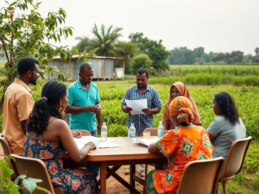 A vibrant high-resolution photo of a community meeting in progress, with diverse individuals discussing plans, surrounded by greenery and agricultural elements, capturing a sense of collaboration and hope.